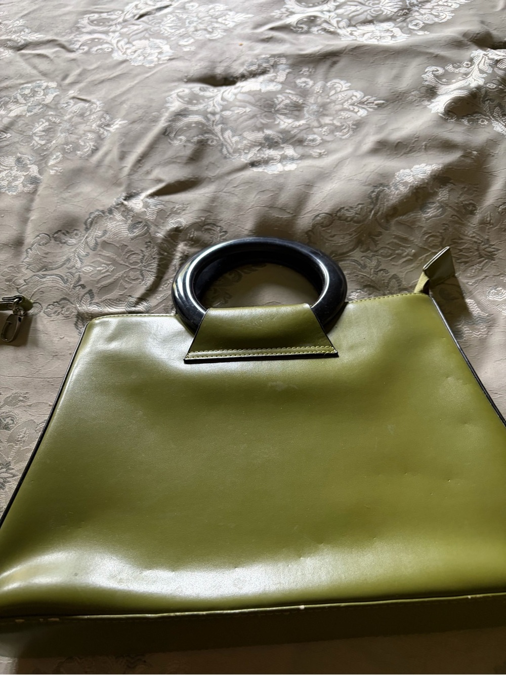 Olive Green Structured Leather Tote with Black Round Handles